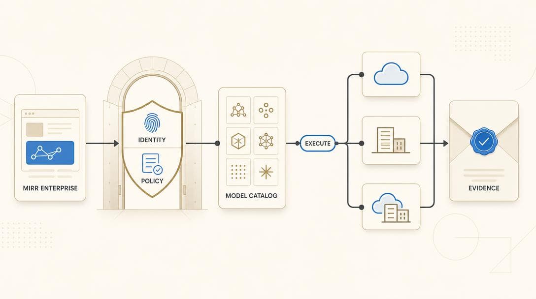 Mirr Enterprise 통제 경로 — 신원과 정책, 모델 카탈로그, 실행, 증거로 이어지는 흐름